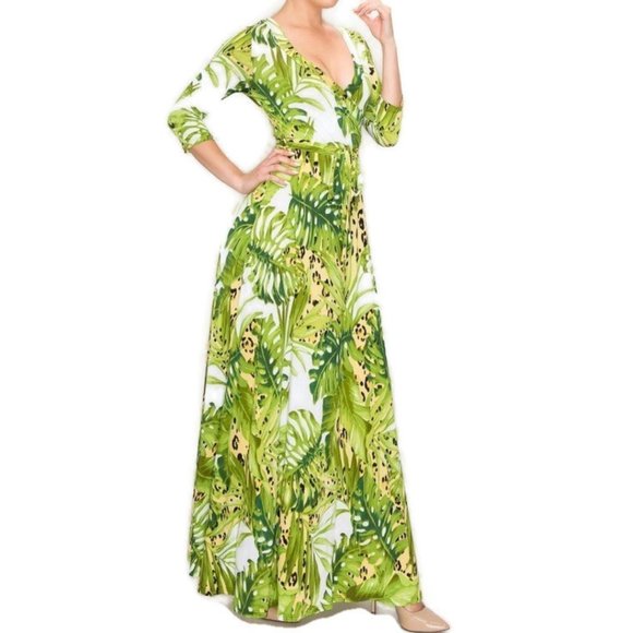 Janette Fashion Leopard Lime Banana Leaves Faux Wrap Maxi Dress - Picture 2 of 4